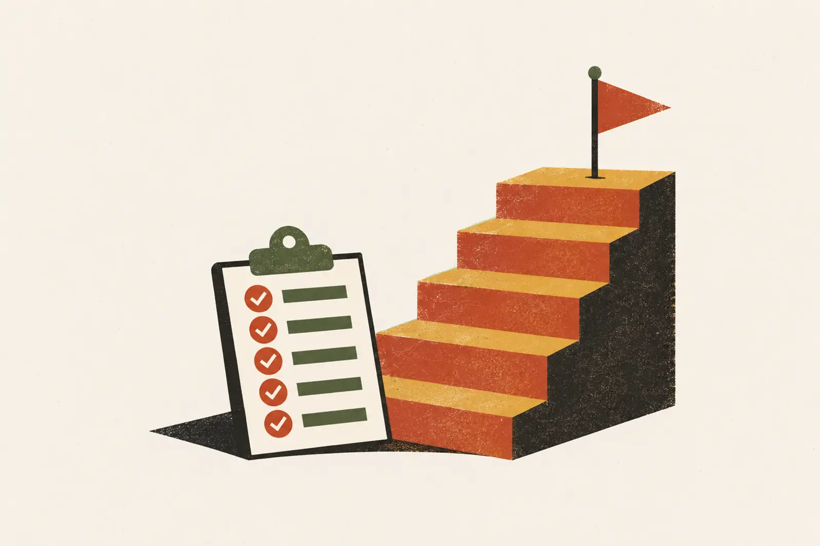 Illustratie van een trap met vijf treden, een vlaggetje bovenaan en een klembord onderaan, in risograph-stijl