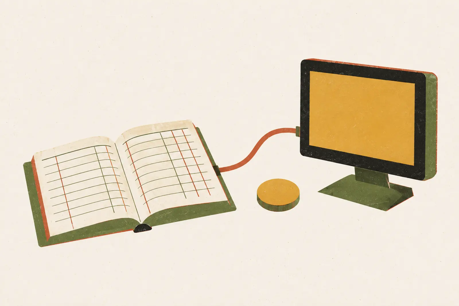 Illustratie van een kasboek dat met een kabel aan een beeldscherm hangt, in risograph-stijl