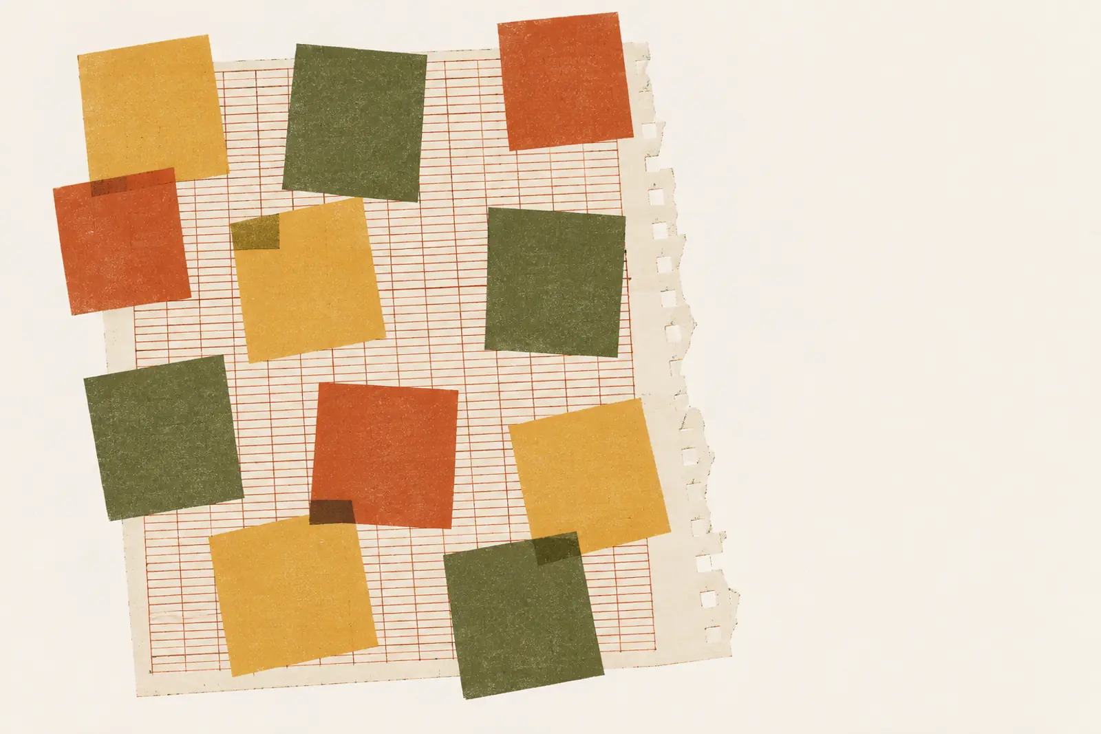 Illustratie van een overvol vel ruitjespapier met gescheurde rand en plakbriefjes, in risograph-stijl