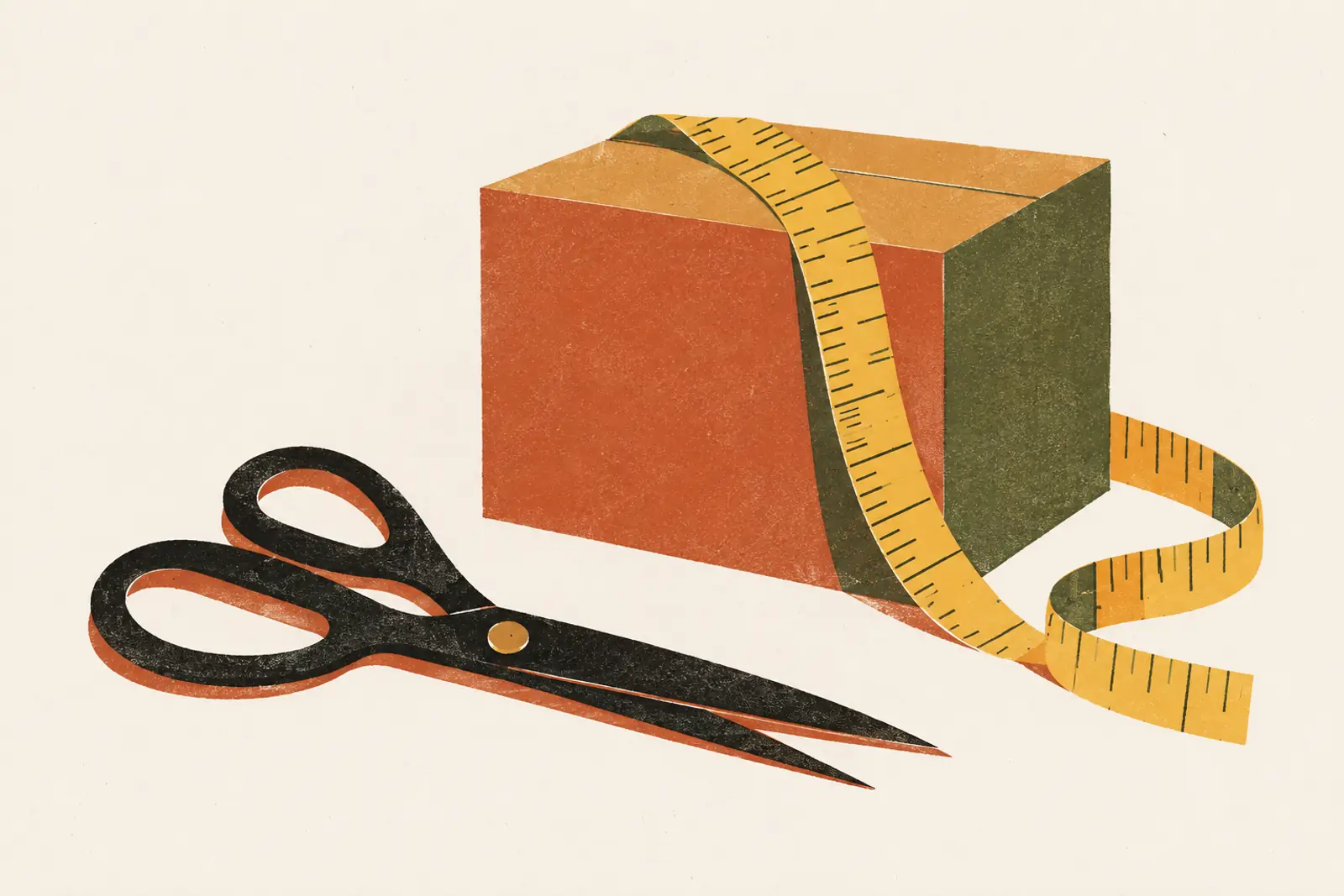 Illustratie van een meetlint over een doos en een schaar, in risograph-stijl