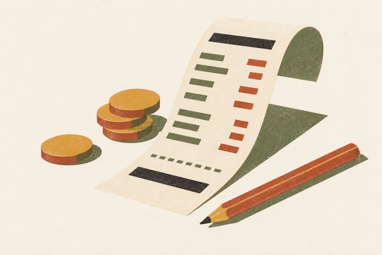 Illustratie van een kassabon, munten en een potlood, in risograph-stijl