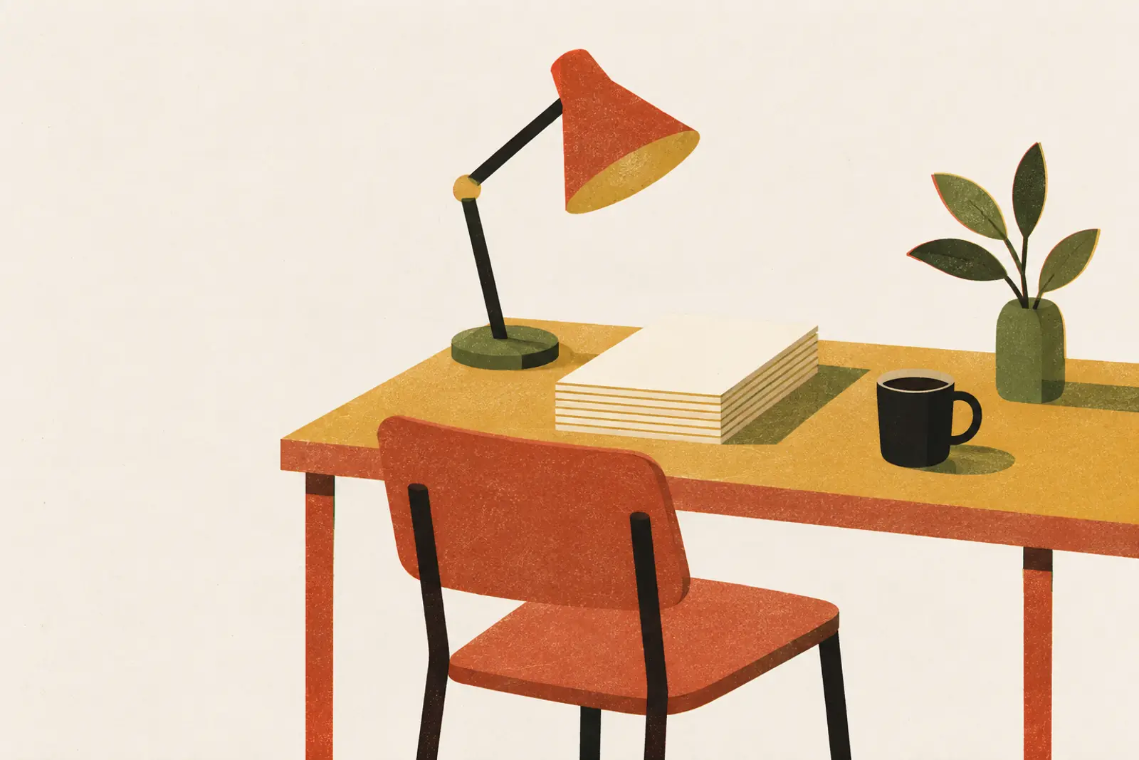 Illustratie van een bureau met documenten, een bureaulamp, een koffiekop en een stoel, in risograph-stijl