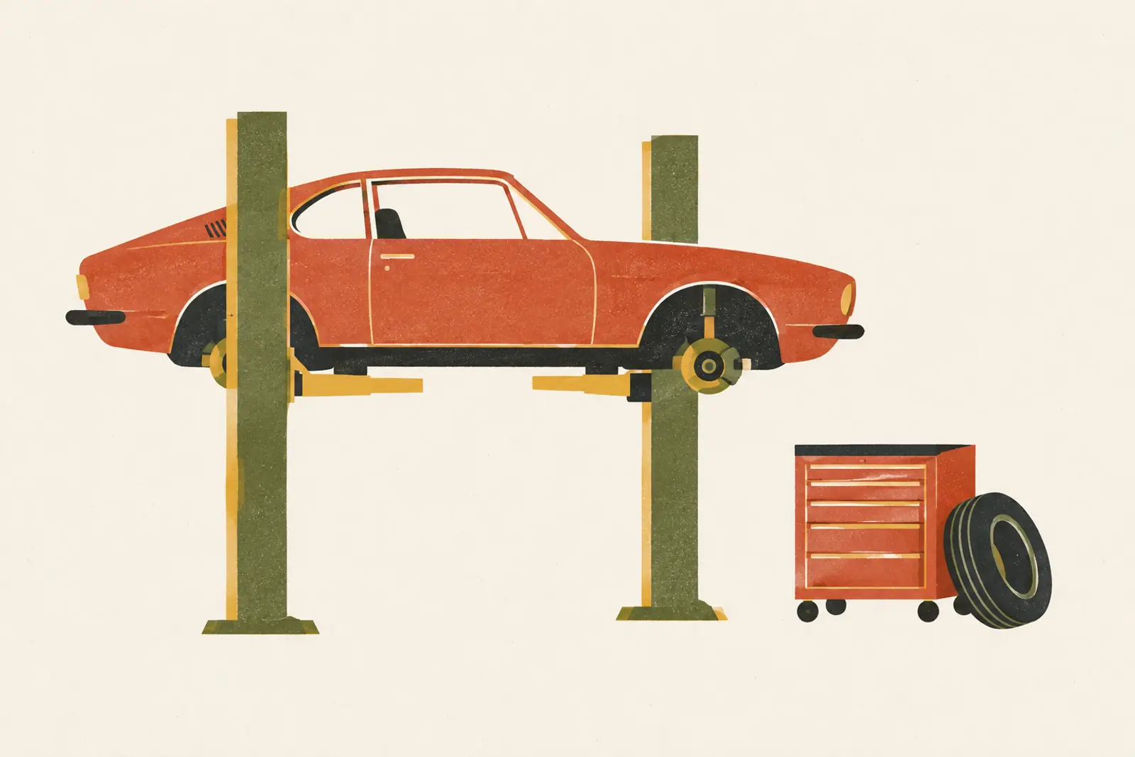 Illustratie van een auto op een hefbrug met een gereedschapskar en een band, in risograph-stijl