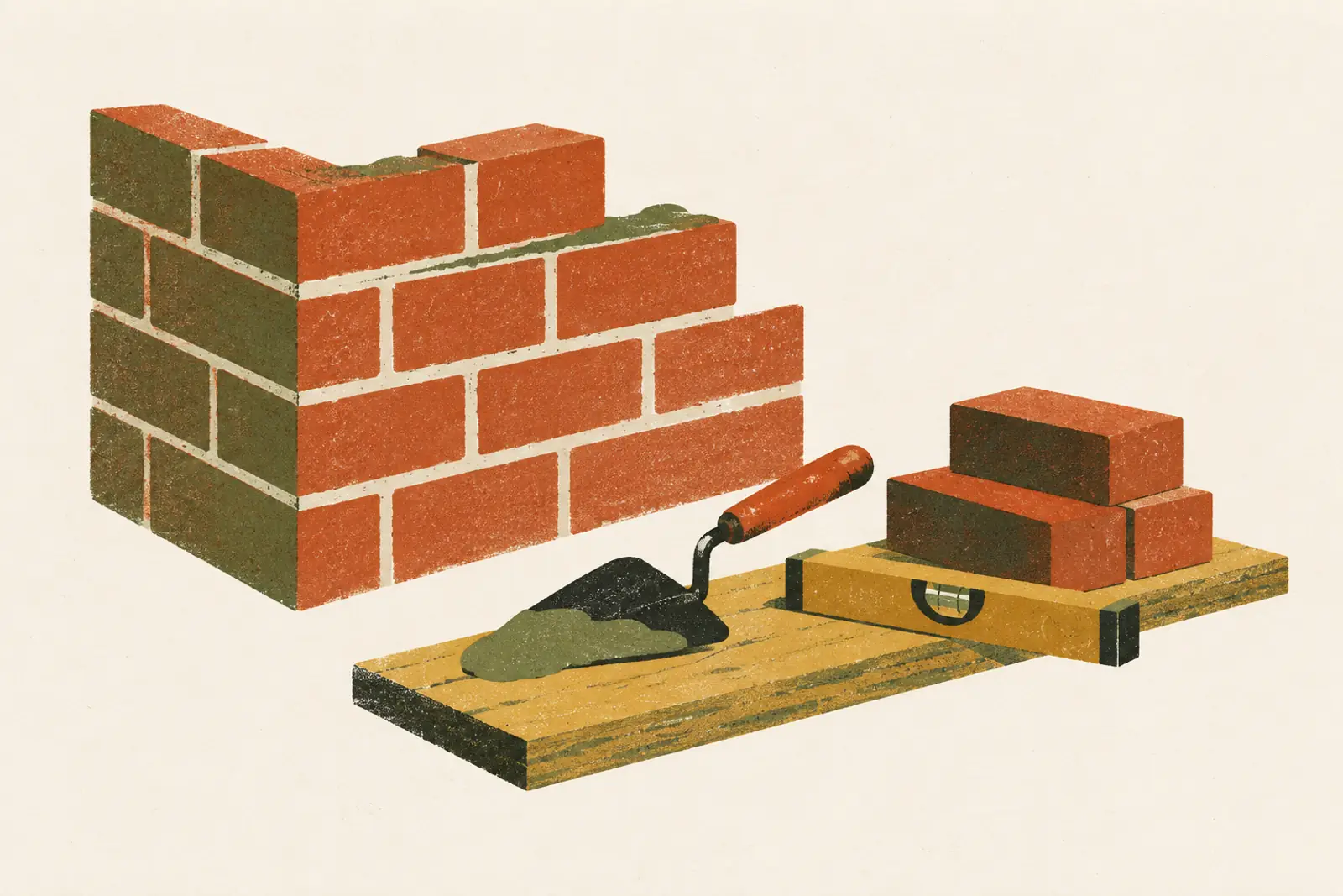 Illustratie van een halve bakstenen muur met een troffel, een waterpas en een stapel stenen, in risograph-stijl