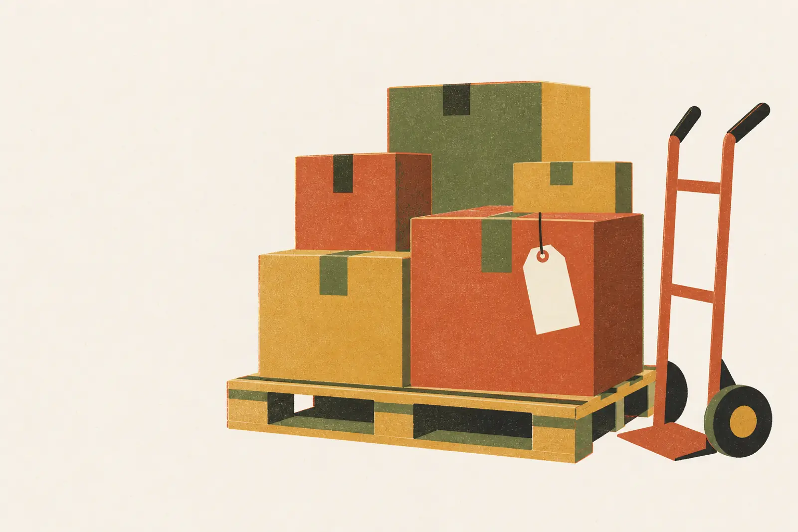 Illustratie van een pallet met dozen en een steekwagen, in risograph-stijl