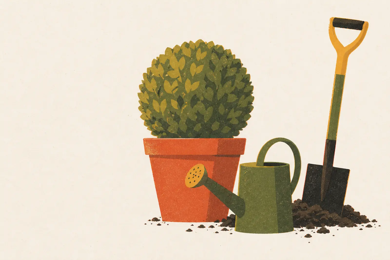 Illustratie van een geknipte struik in een pot, een spade en een gieter, in risograph-stijl