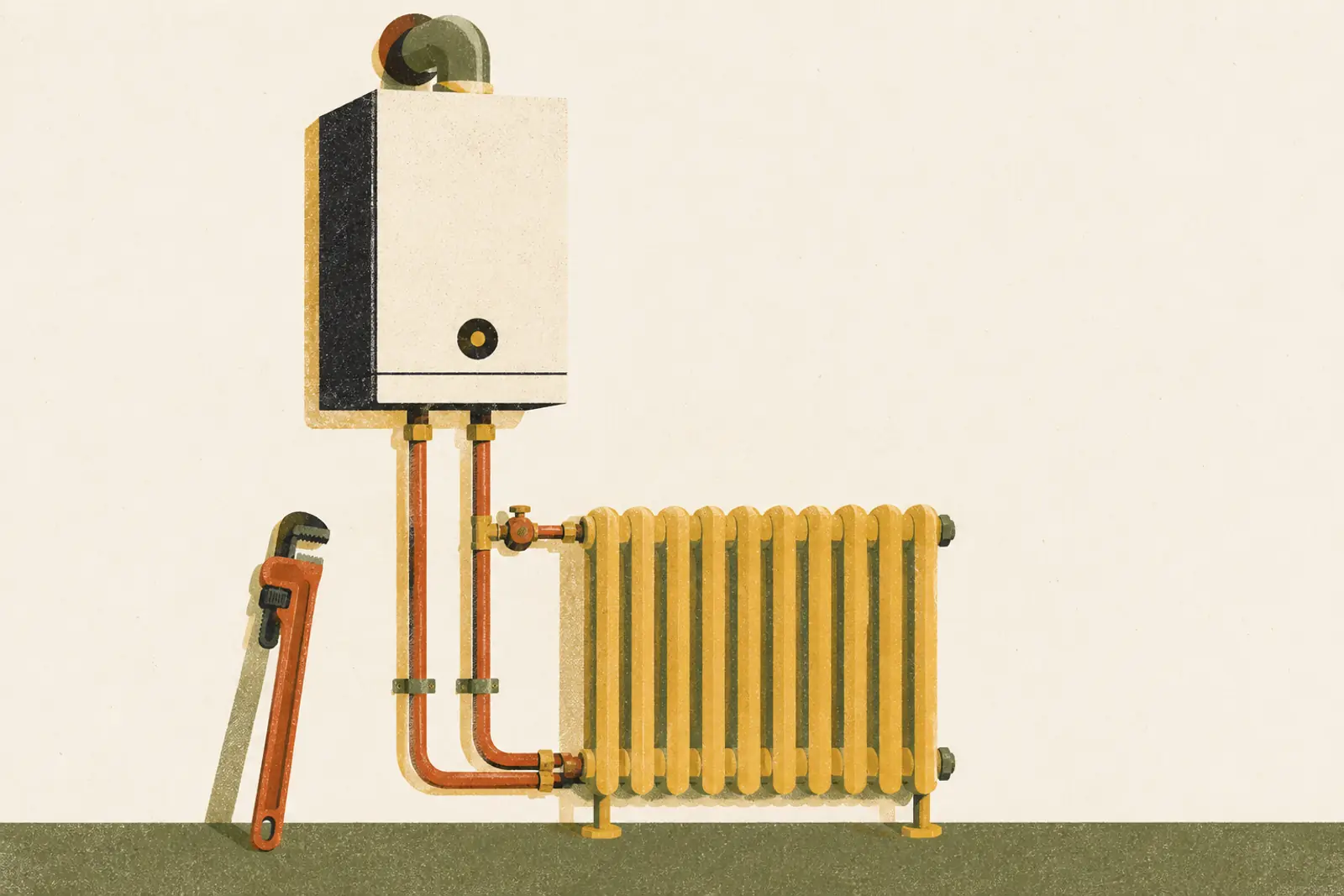Illustratie van een cv-ketel met leidingen, een radiator en een pijptang, in risograph-stijl