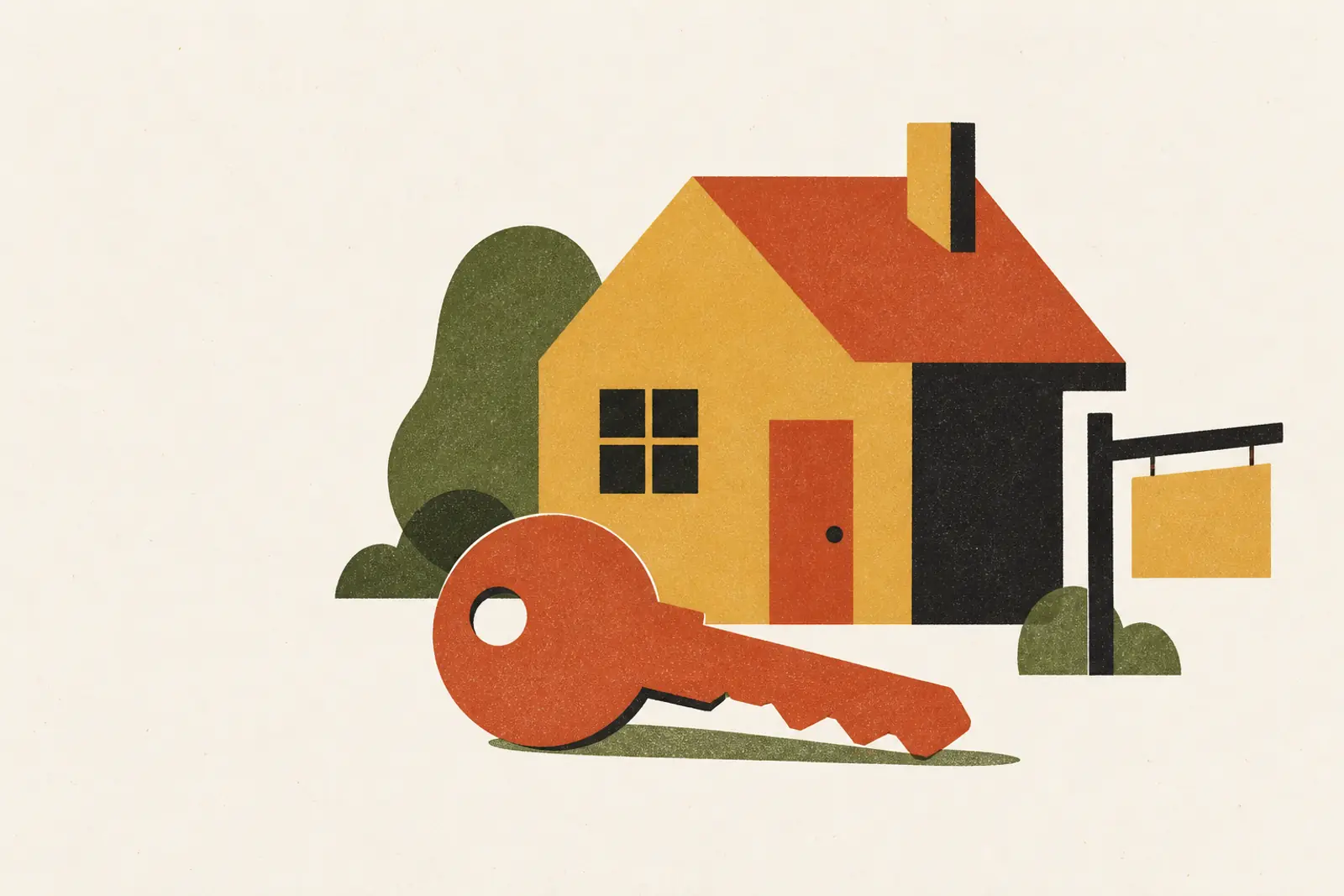 Illustratie van een huis met een grote sleutel en een leeg bordje in de tuin, in risograph-stijl