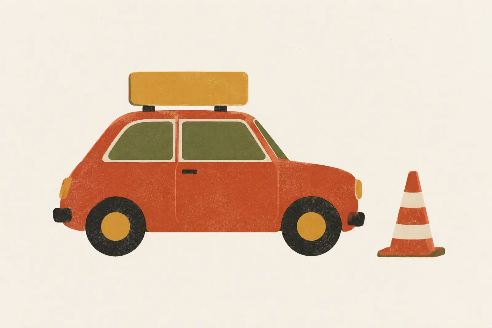 Illustratie van een lesauto met een leeg dakbord en een pion, in risograph-stijl
