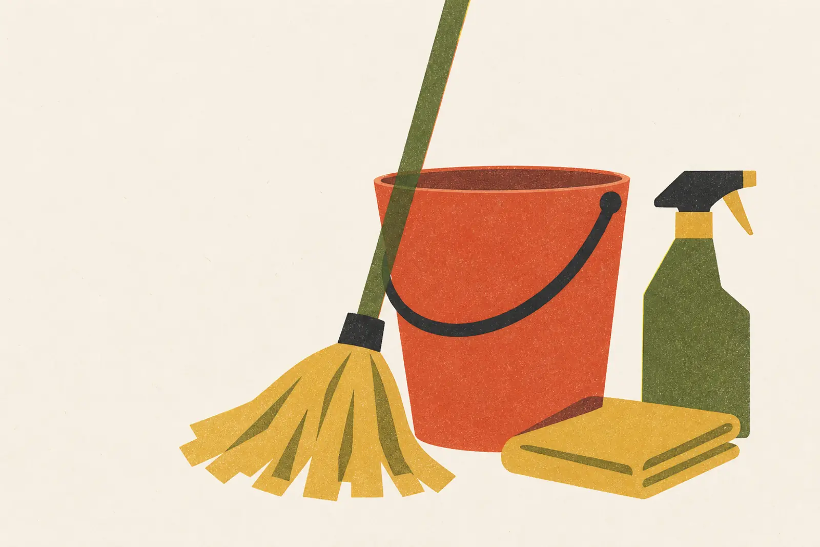 Illustratie van een schoonmaakemmer met een mop, een spuitfles en een doek, in risograph-stijl