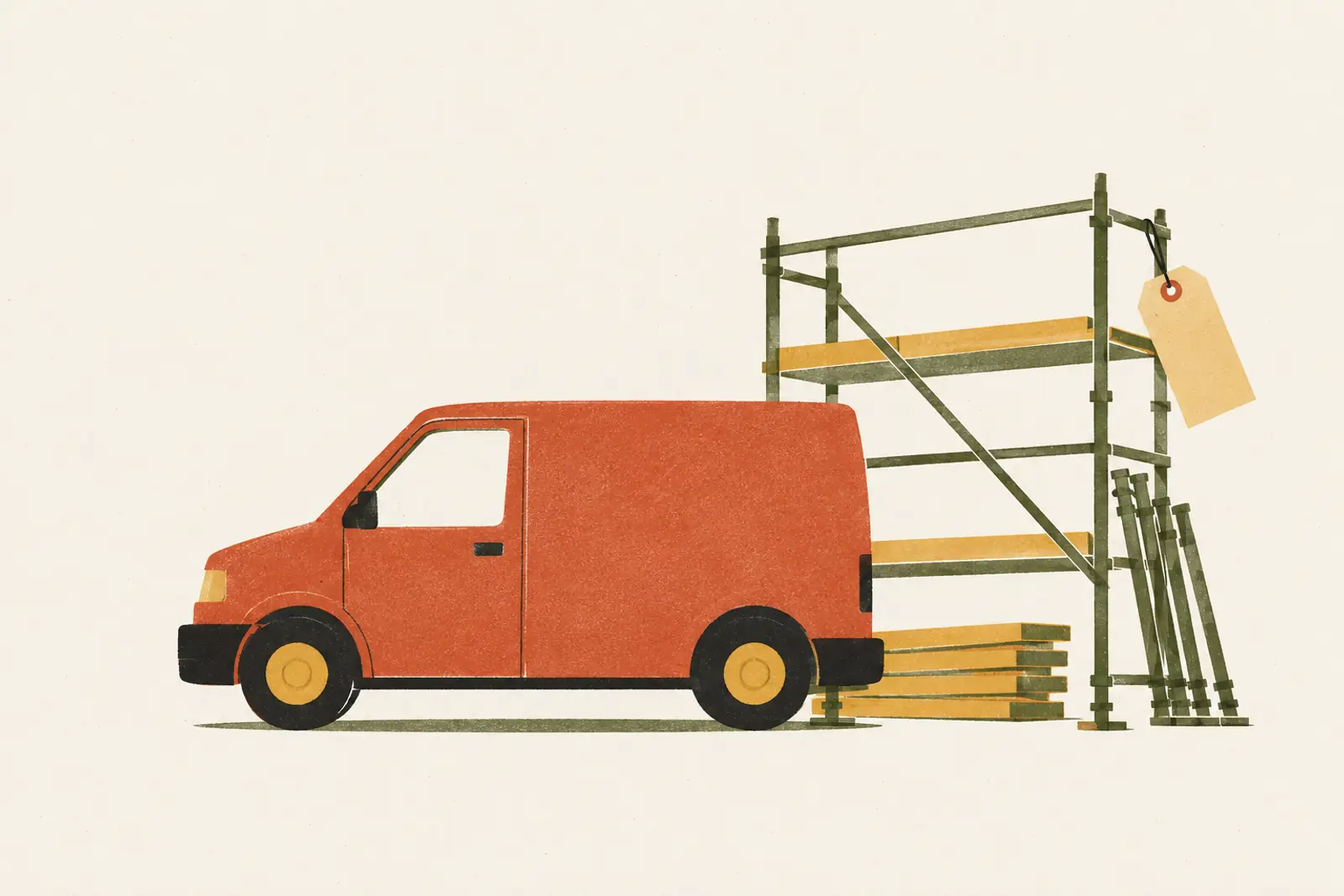 Illustratie van een bestelbus met een stuk steiger en een leeg label, in risograph-stijl