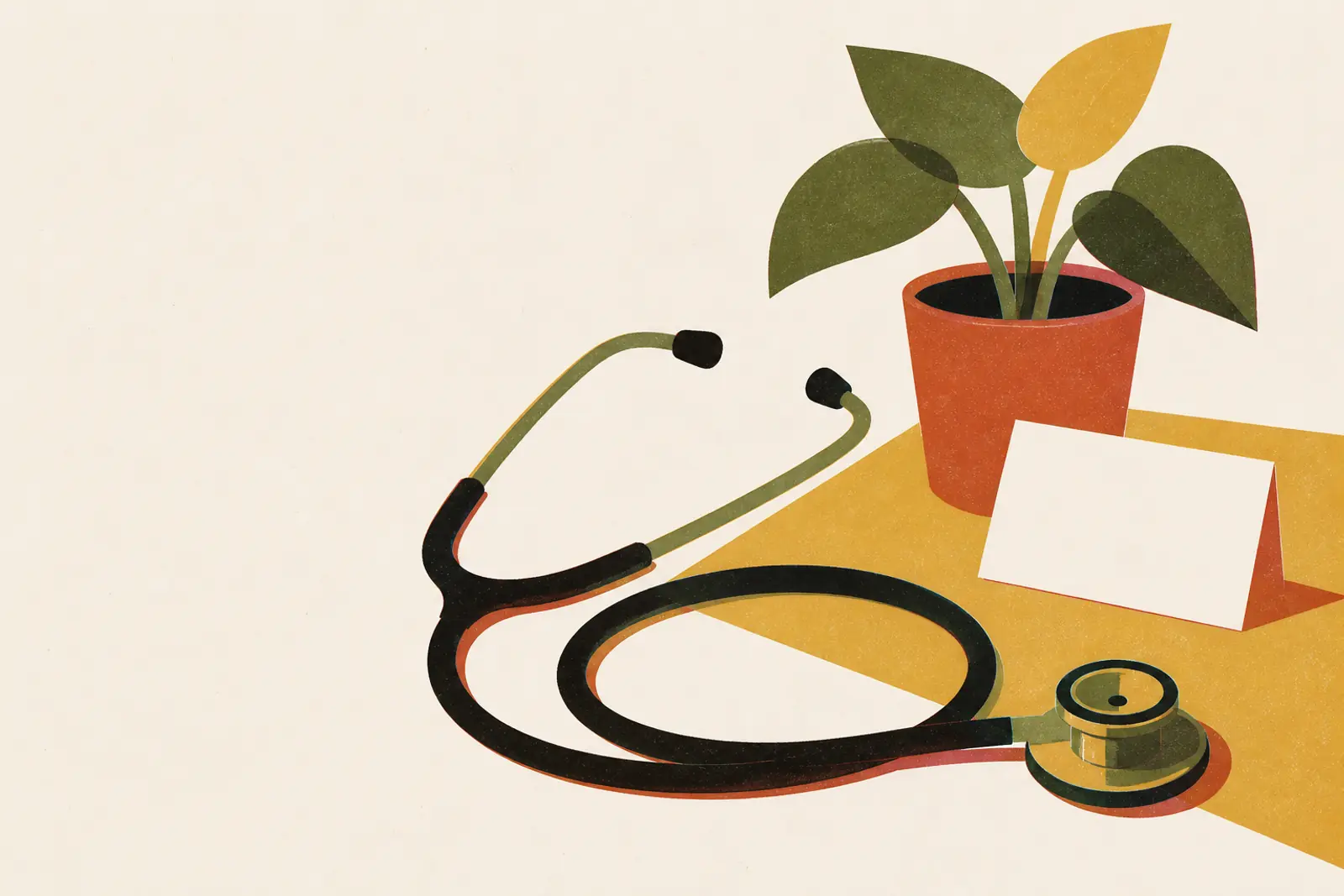 Illustratie van een stethoscoop, een afsprakenkaartje en een plantje, in risograph-stijl