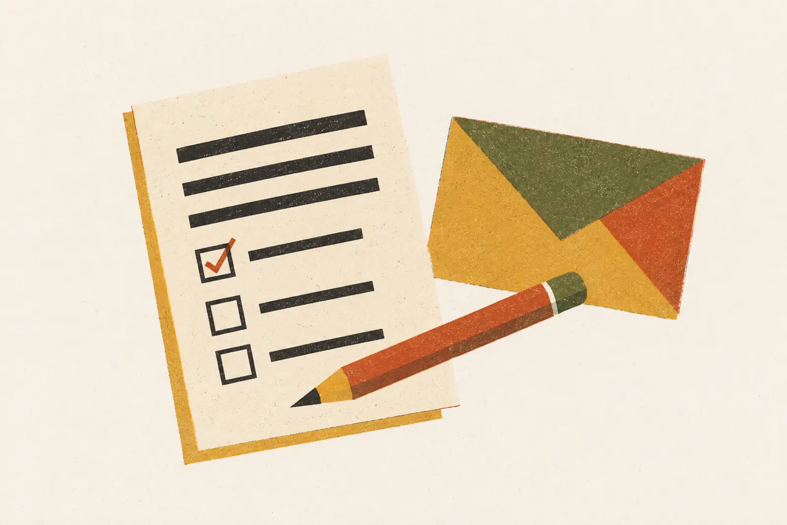 Illustratie van een ingevuld formulier met een potlood en een envelop, in risograph-stijl