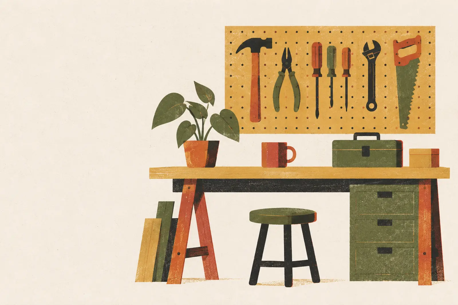 Illustratie van een werkbank met gereedschap aan een wand, een mok en een plantje, in risograph-stijl