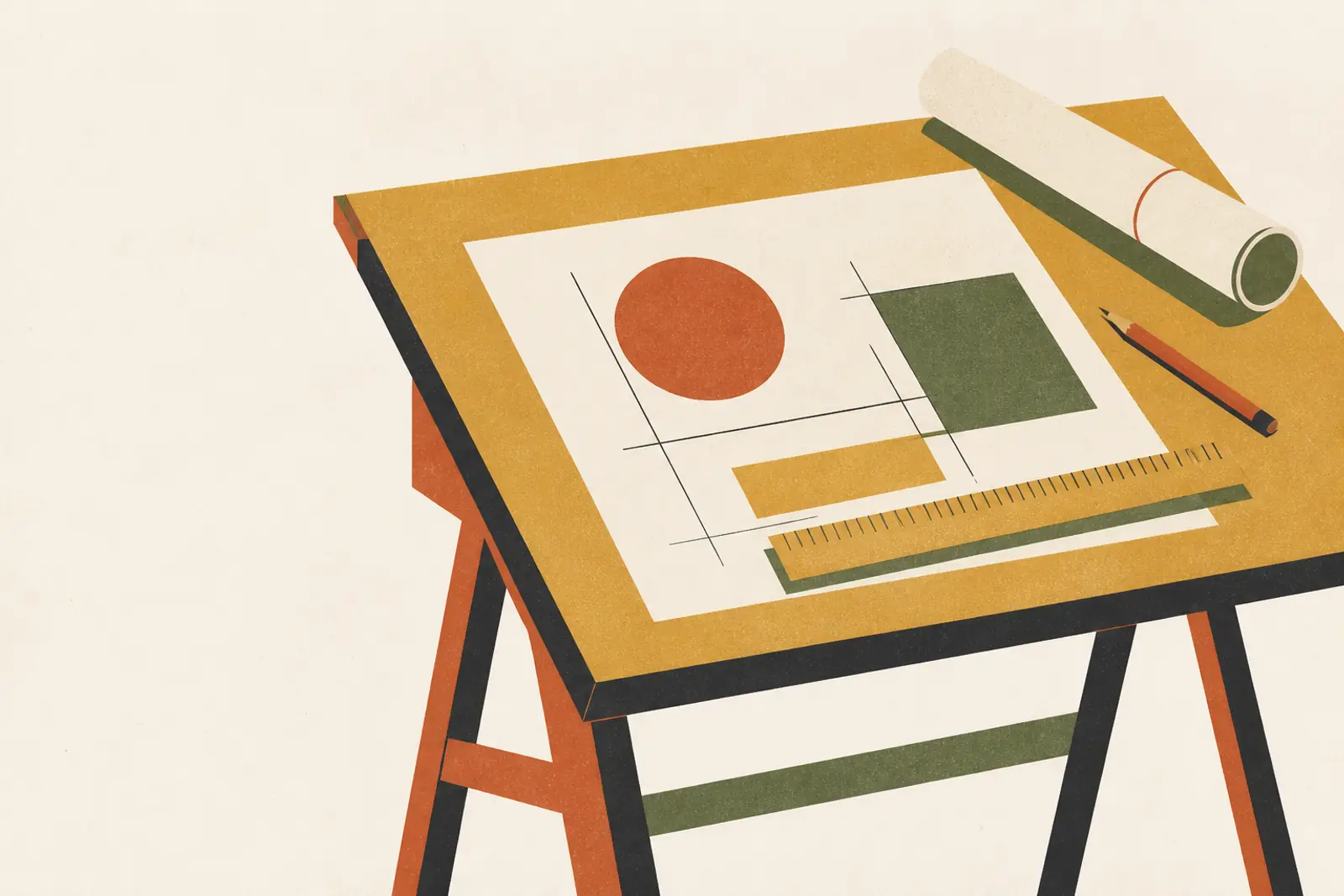 Illustratie van een tekentafel met papier, een liniaal, een potlood en een opgerolde tekening, in risograph-stijl