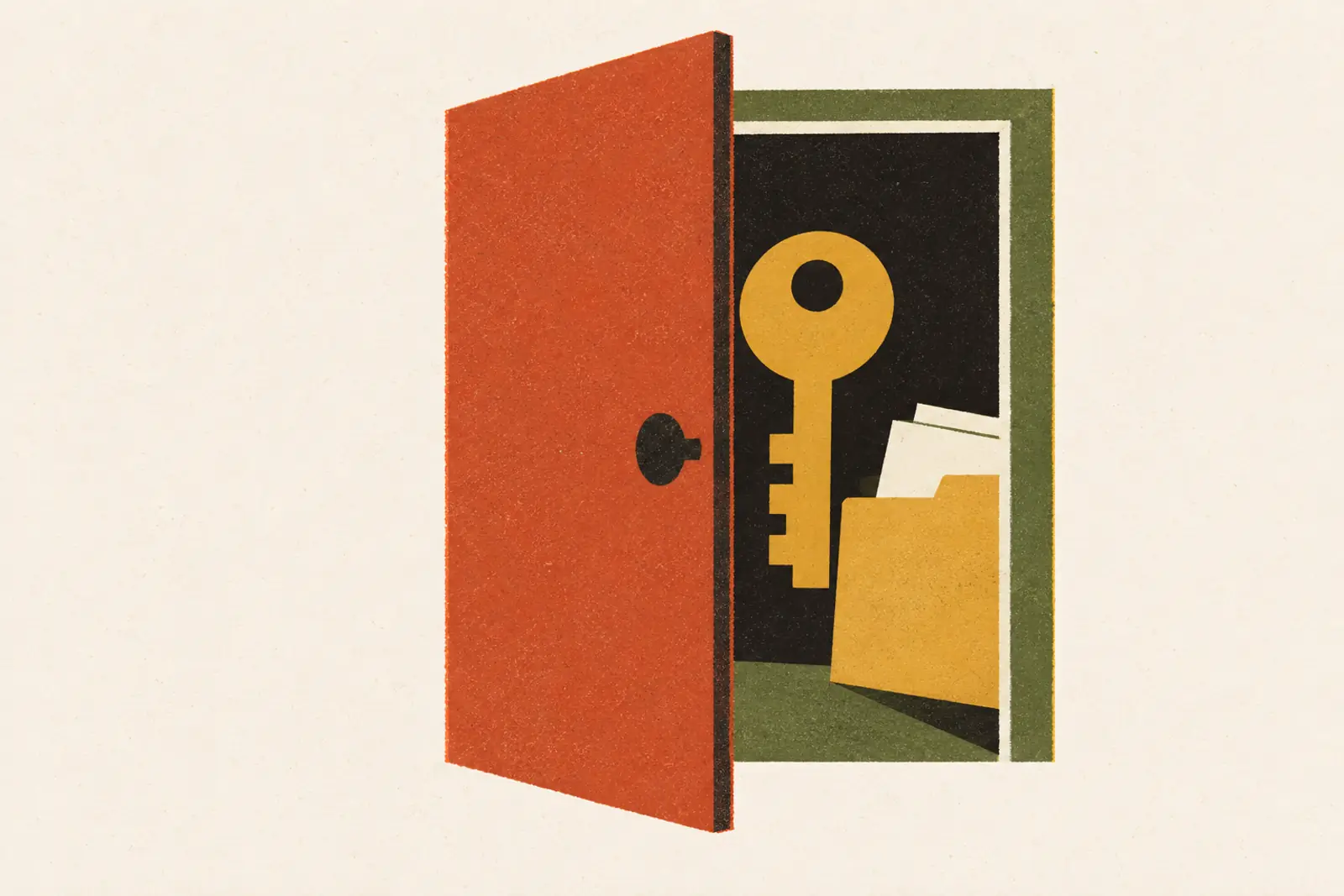 Illustratie van een deur op een kier met een sleutel en een map documenten, in risograph-stijl