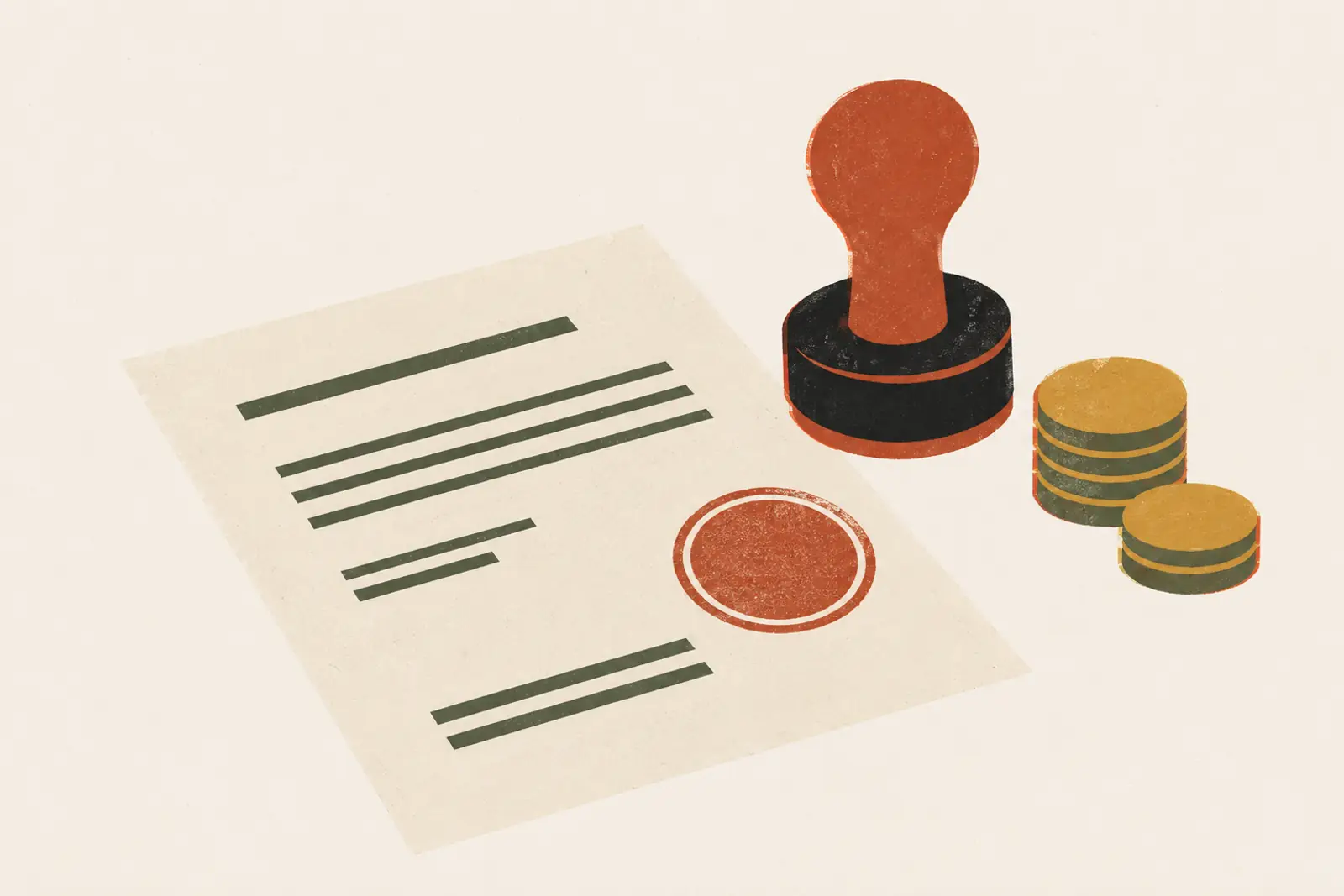 Illustratie van een offerte met een stempel en een stapeltje munten, in risograph-stijl