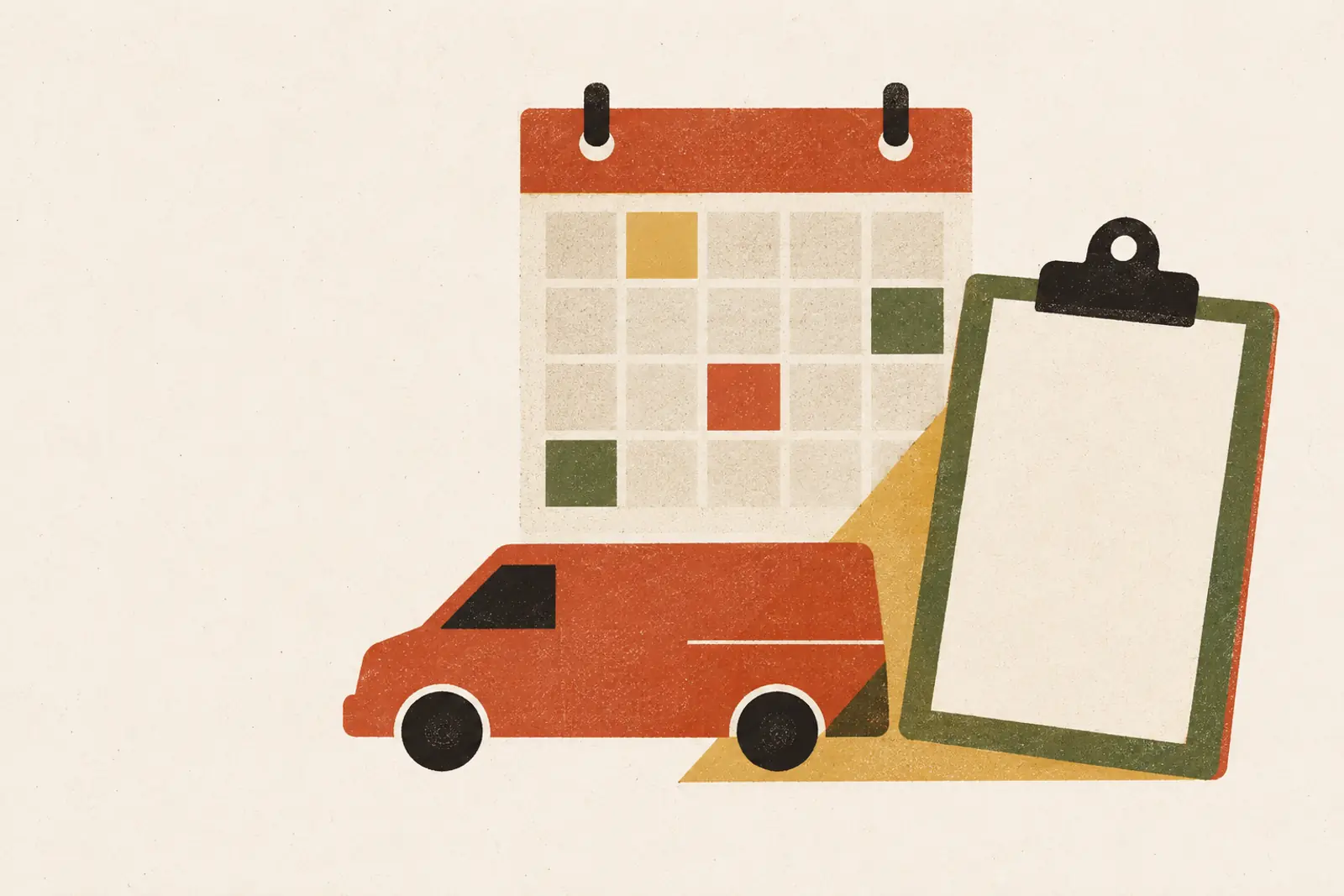 Illustratie van een weekplanning, een klembord met werkbon en een busje, in risograph-stijl