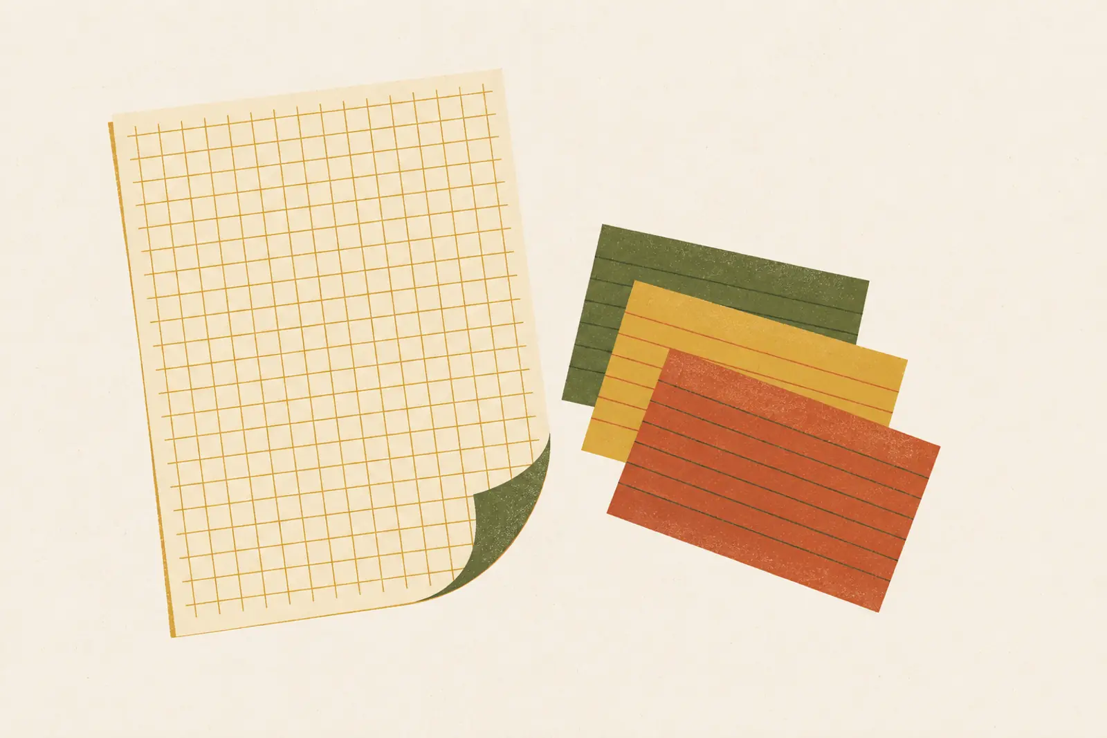 Illustratie van een vel ruitjespapier met omkrullende hoek en een waaier kaartjes, in risograph-stijl