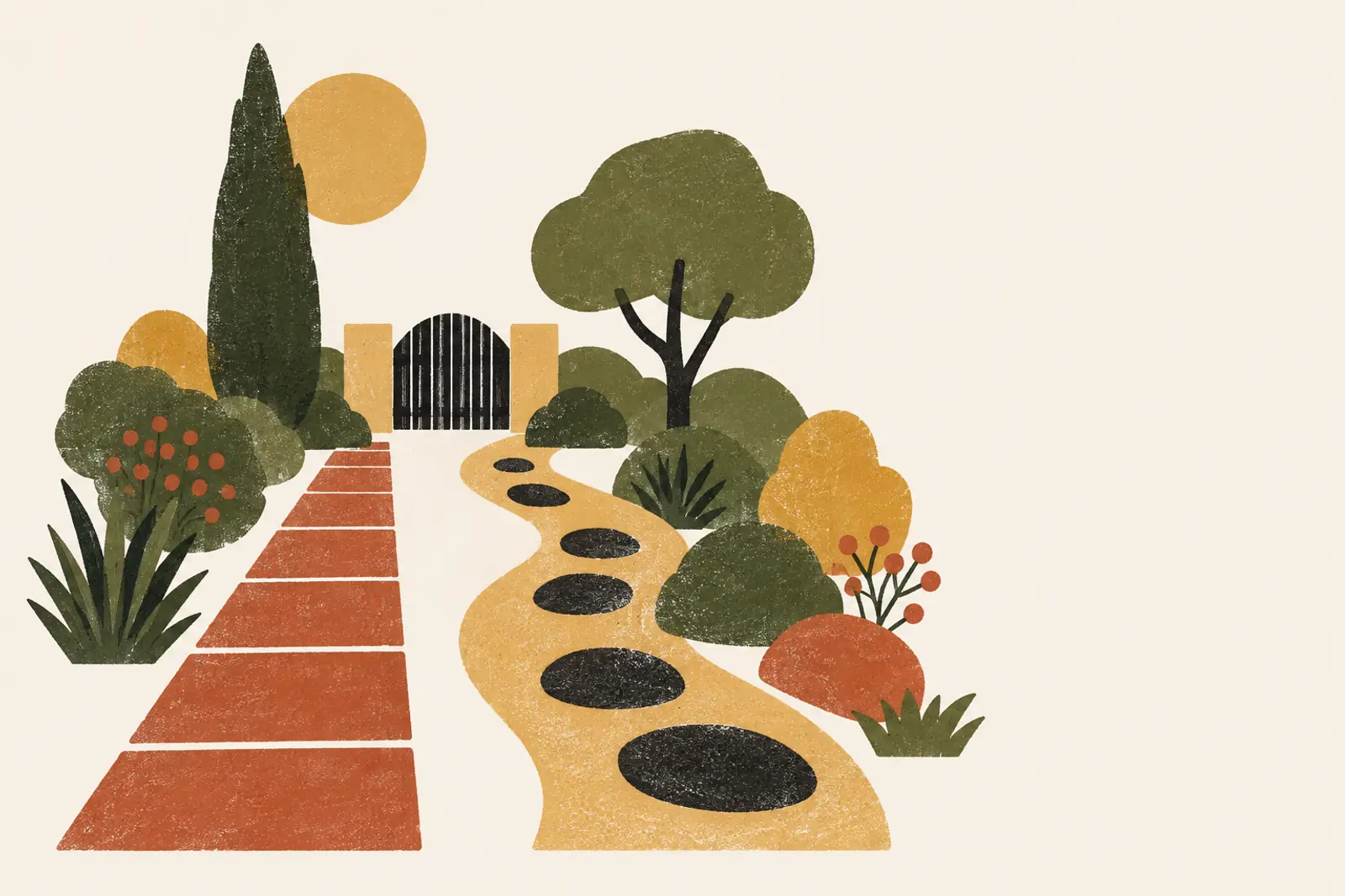 Illustratie van twee paden naar hetzelfde hek, een recht en een kronkelend, in risograph-stijl