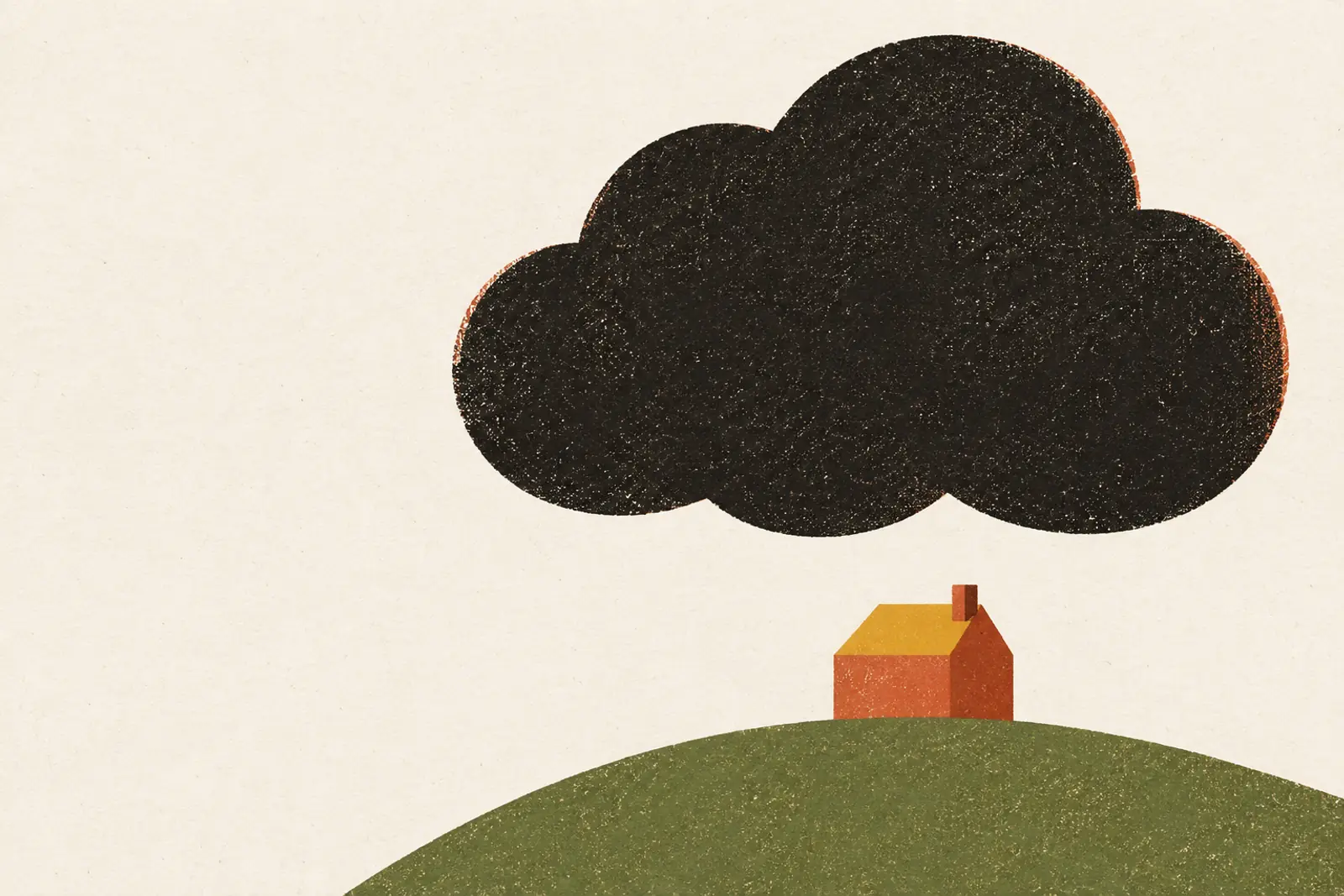 Illustratie van een grote wolk boven een klein huis, in risograph-stijl